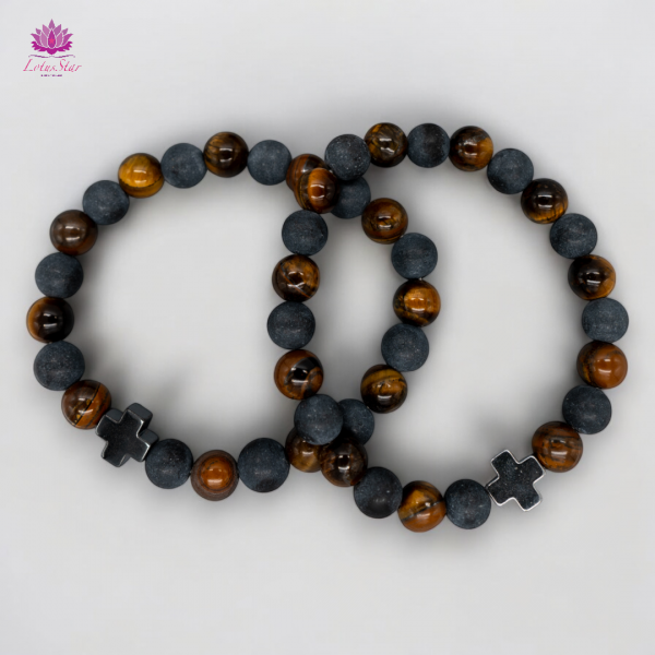 Set of 2 Gemstones Friendship Bracelets - Power - Tiger Eye & Black Stone 
