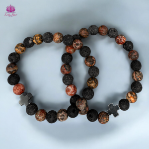 Set of 2 Gemstones Friendship Bracelets - Eternity - Leopard Skin Jasper & Lava Stone 