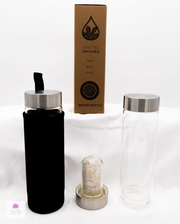 Crystal Infused Glass Water Bottle - Chips - Cleansing Clear Quartz