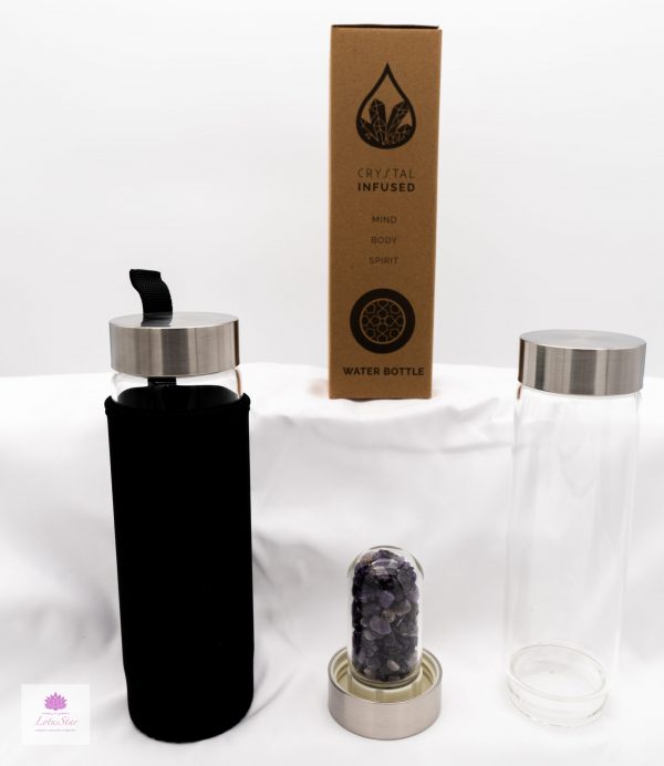 Crystal Infused Glass Water Bottle - Chips - Relaxing Amethyst
