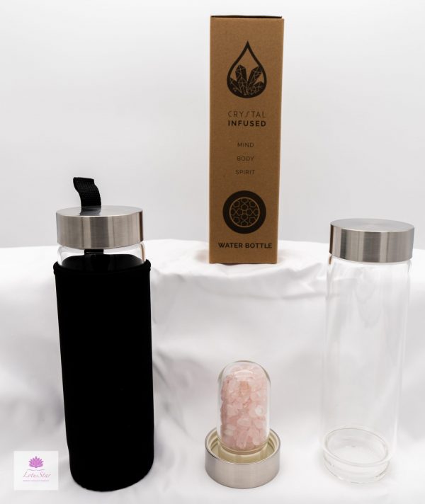 Crystal Infused Glass Water Bottle - Chips -Rejuvenating Rose Quartz