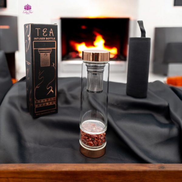 Crystal Glass Tea Infuser Bottle - Rose Gold - Red Jasper