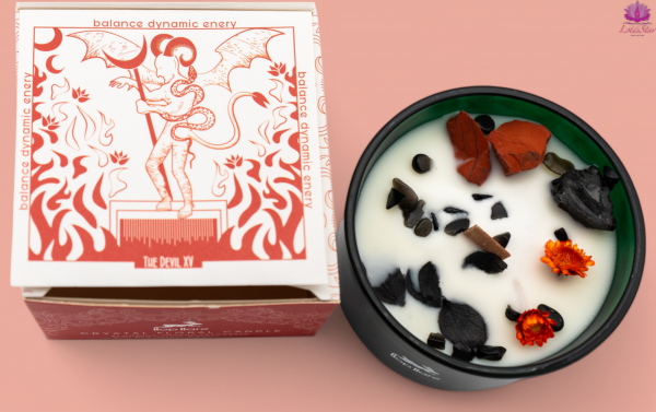 Hop Hare Crystal Magic Flower Candle - The Devil - Blooming Inferno and Red Jasper & Black Agate