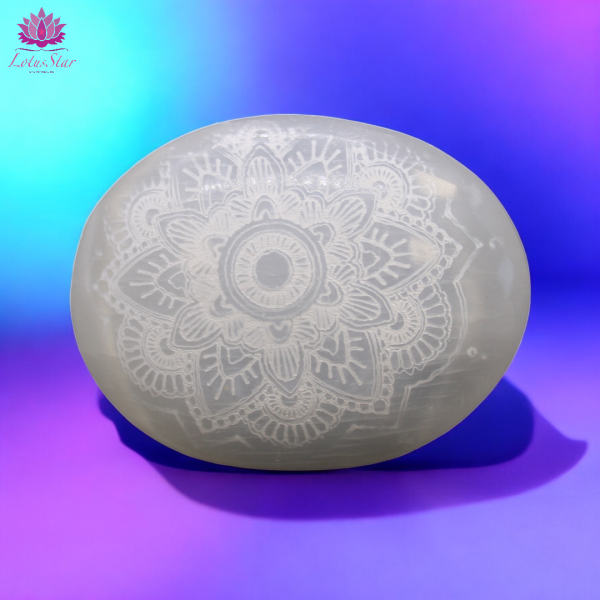 Selenite Palm Stone - 7cm - Mandala Engraved - Image 2