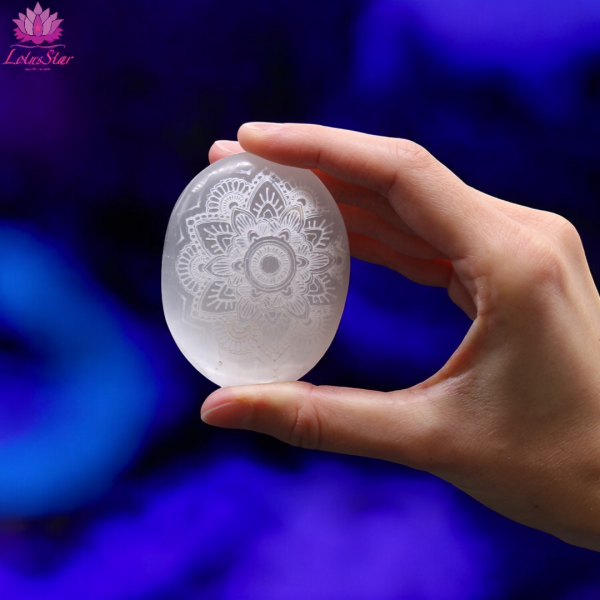 Selenite Palm Stone - 7cm - Mandala Engraved - Image 3